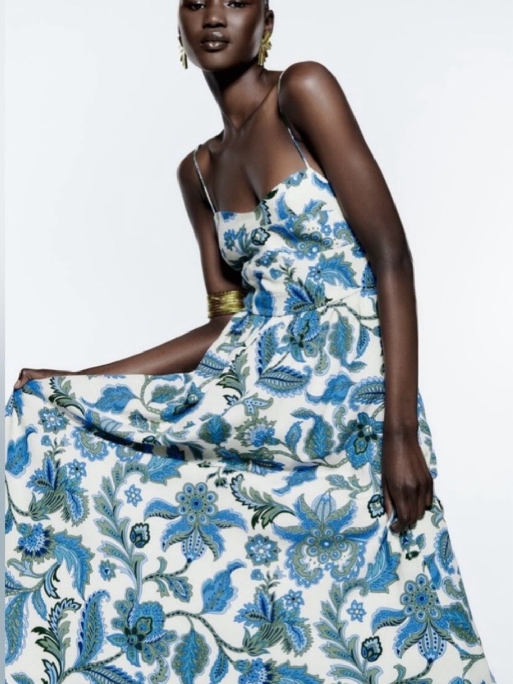 Zara cream blue Floral Midi Dress with Spaghetti Straps smocked back L